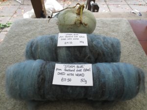 2 batts of carded fleece rolled up and labelled with blue squash behind