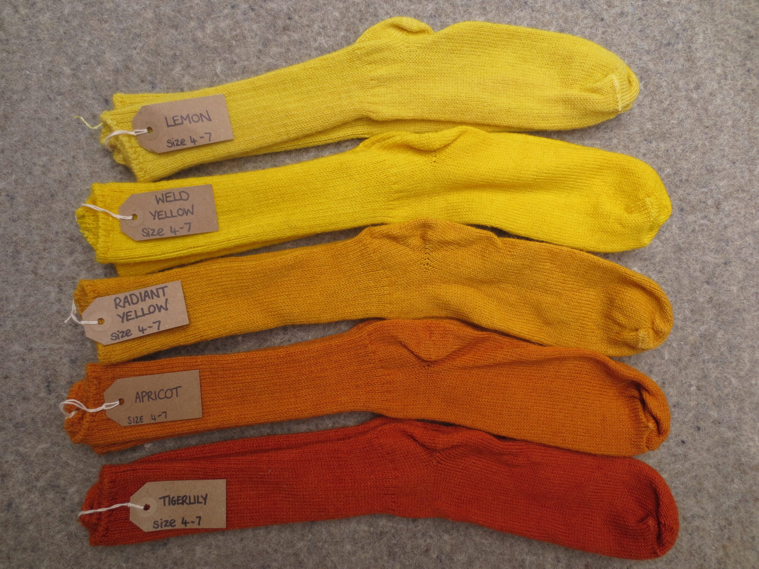 5 pairs of socks labelled Lemon, Weld Yellow, Radiant Yellow, Apricot and Tigerily