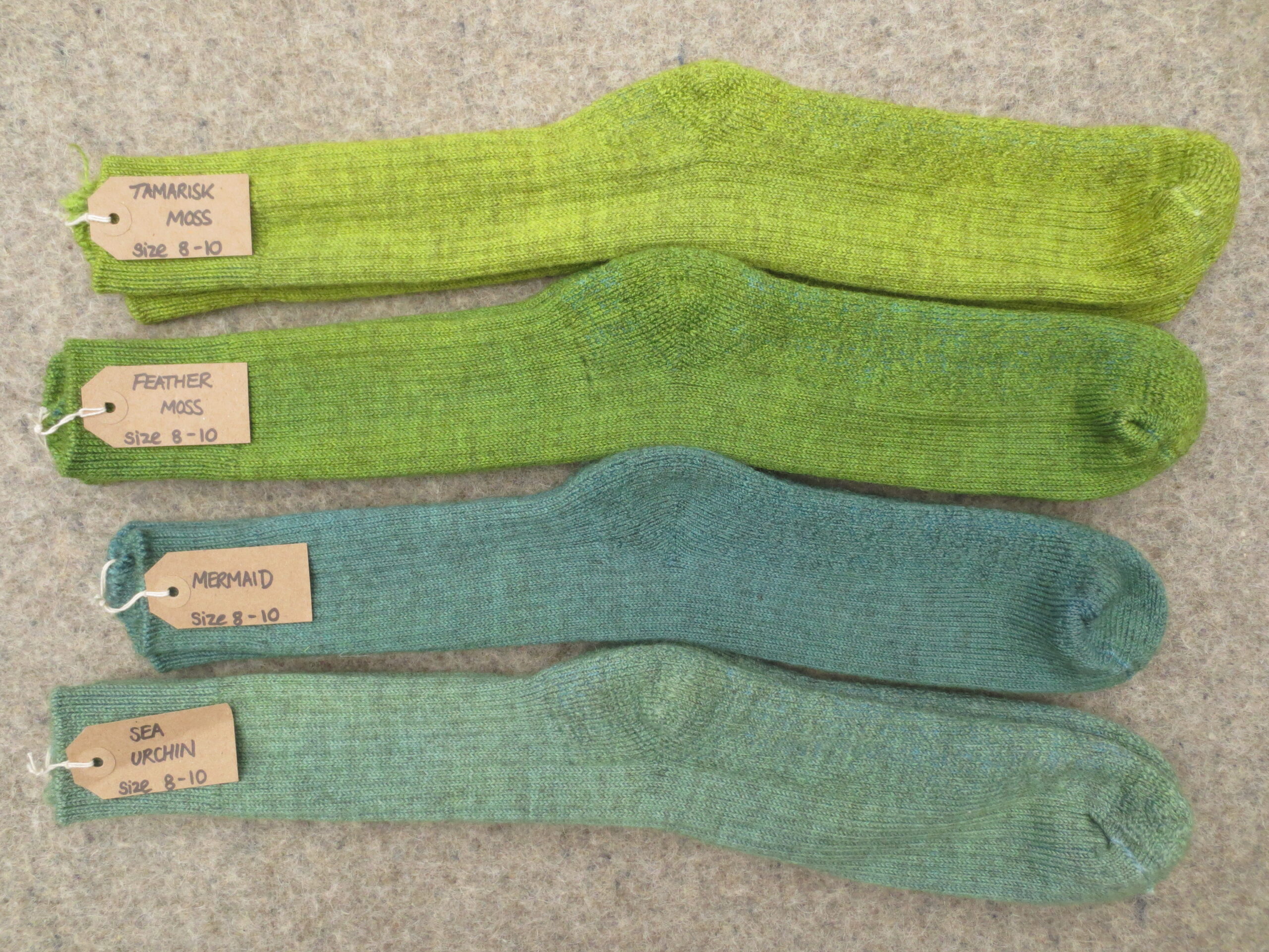 4 pairs of socks labelled Tamarisk Moss, Feather Moss, Mermaid, Sea Urchin