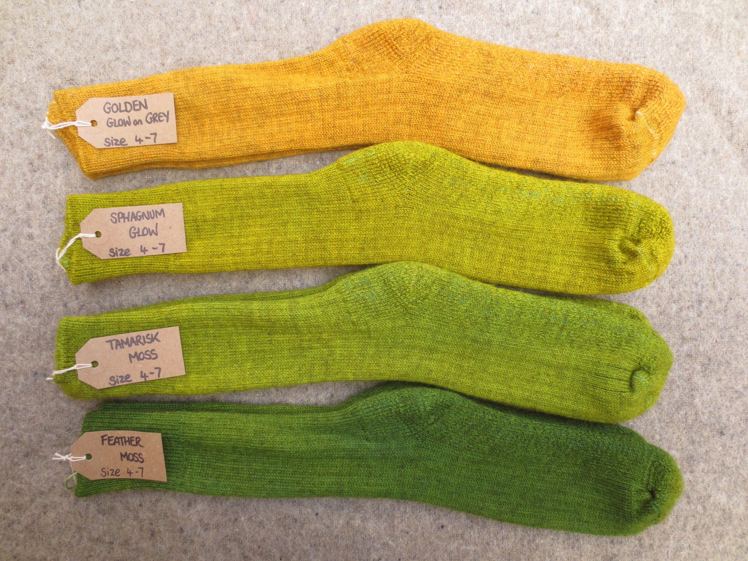 4 Pairs of socks labelled Golden Glow on Grey, Sphagnum Glow, Tamarisk Moss and Feather Moss